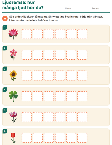 Förhandsvisning av Ljuda ord-arbetsblad med Blommor för Årskurs 1