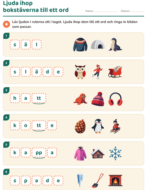 Förhandsvisning av Ljuda ord-arbetsblad med Vinter för Årskurs 1