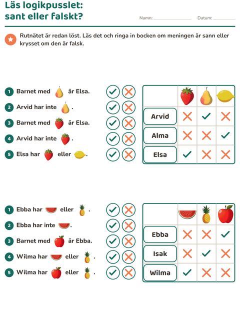 Förhandsvisning av Logikpussel-arbetsblad med Frukter för Årskurs 2