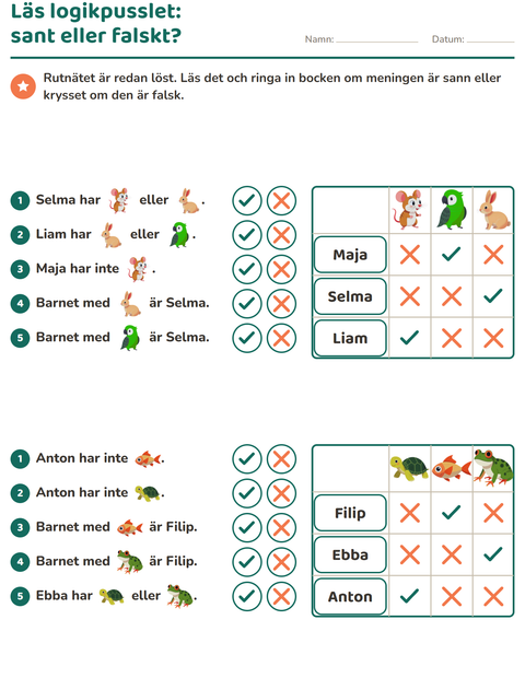 Förhandsvisning av Logikpussel-arbetsblad med Husdjur för Årskurs 2