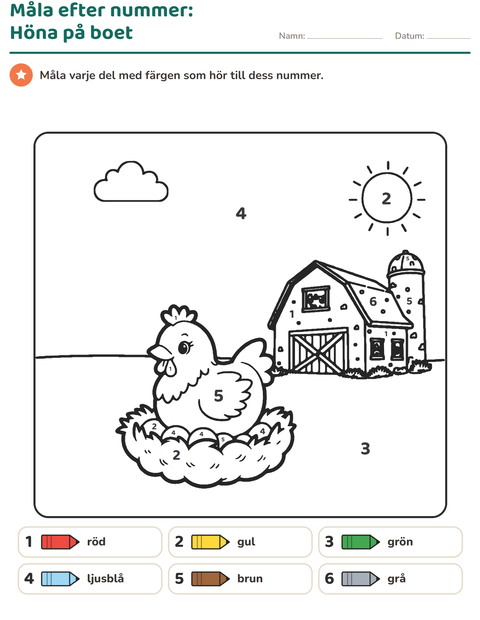 Förhandsvisning av Måla efter siffror-arbetsblad för Förskoleklass