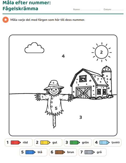 Förhandsvisning av Måla efter siffror-arbetsblad för Förskoleklass