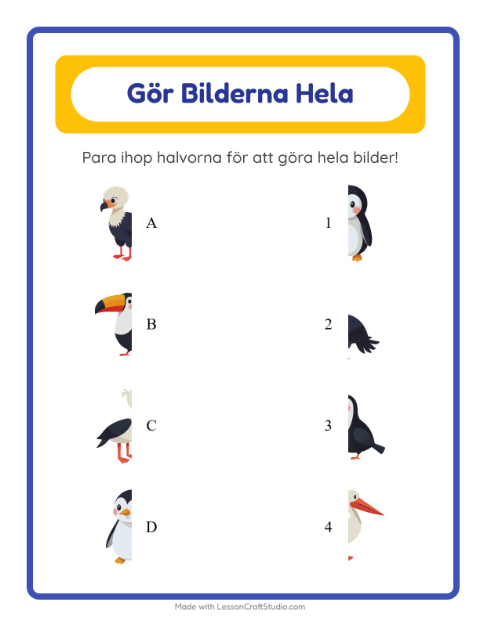 Förhandsvisning av Matcha Skuggor-arbetsblad med Fåglar för Förskoleklass