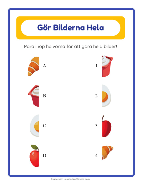 Förhandsvisning av Matcha Skuggor-arbetsblad med Frukost för Förskoleklass