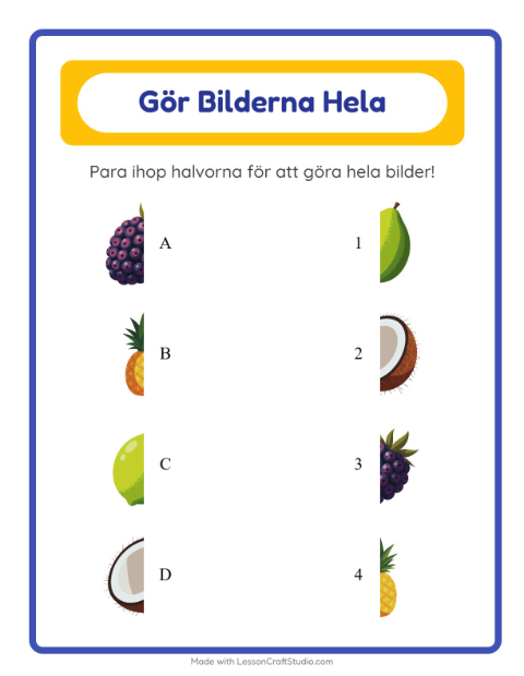 Förhandsvisning av Matcha Skuggor-arbetsblad med Frukter för Förskoleklass