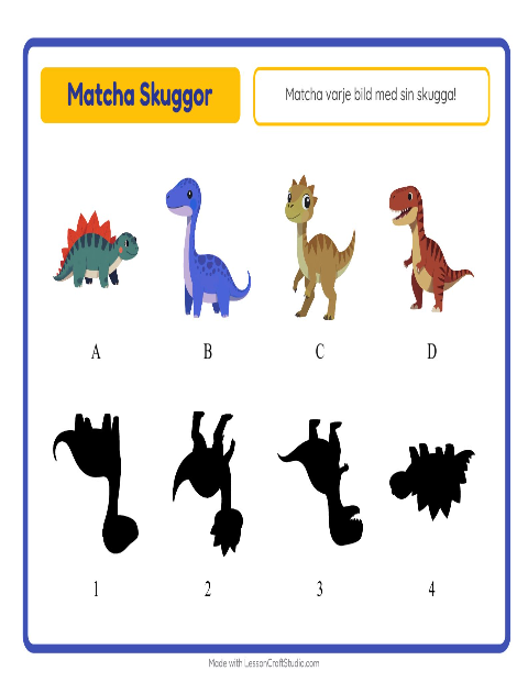Förhandsvisning av Matcha Skuggor-arbetsblad med Dinosaurier för Förskoleklass