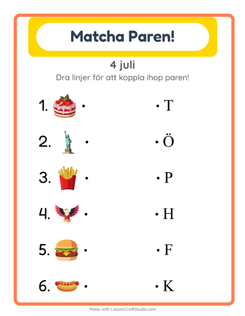Förhandsvisning av Matchning-arbetsblad med 4 juli för Förskoleklass