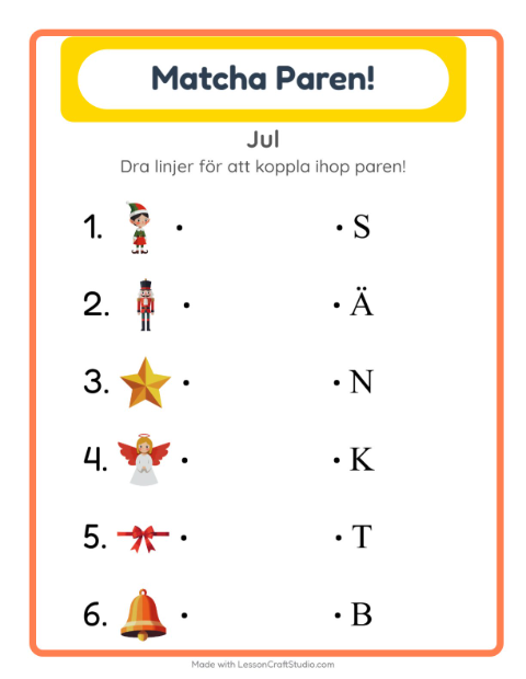Förhandsvisning av Matchning-arbetsblad med Jul för Förskoleklass