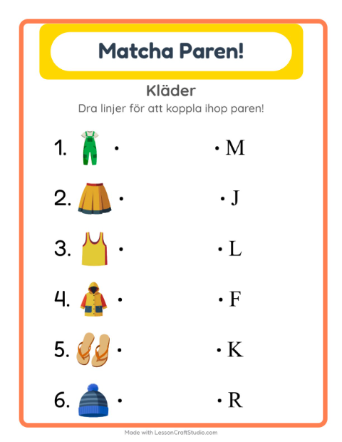 Förhandsvisning av Matchning-arbetsblad med Kläder för Förskoleklass