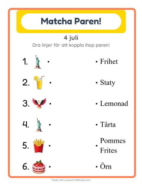 Förhandsvisning av Matchning-arbetsblad med 4 juli för Förskoleklass