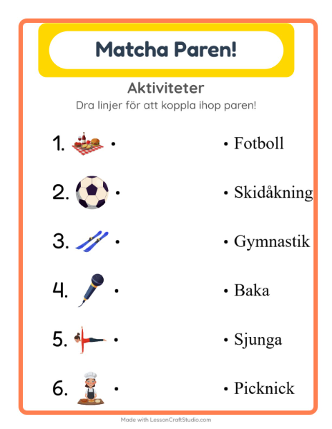 Förhandsvisning av Matchning-arbetsblad med Aktiviteter för Förskoleklass