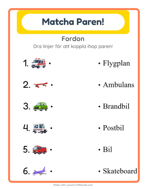 Förhandsvisning av Para ihop bild och ord med fordon – arbetsblad för årskurs 1