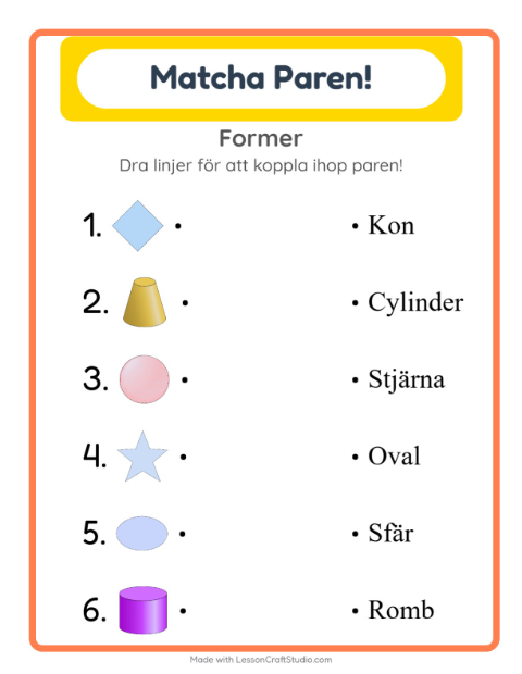 Förhandsvisning av Para ihop bild och ord med former – arbetsblad för årskurs 1