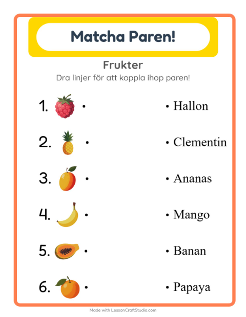 Förhandsvisning av Para ihop bild och ord med frukter – arbetsblad för årskurs 1