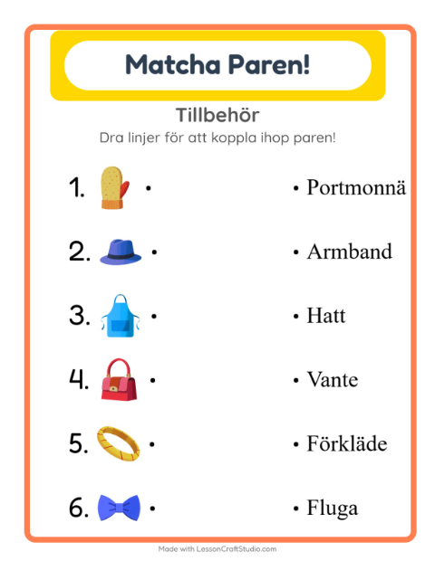 Förhandsvisning av Matchning-arbetsblad med Tillbehör för Förskoleklass