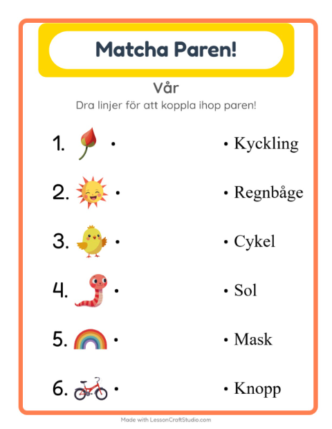 Förhandsvisning av Matchning-arbetsblad med Vår för Förskoleklass