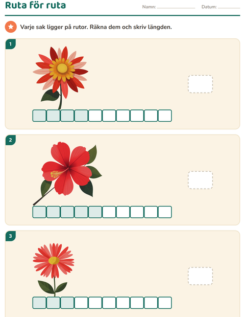 Förhandsvisning av Mätning-arbetsblad med Blommor för Årskurs 1