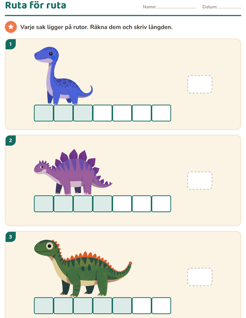 Förhandsvisning av Mätning-arbetsblad med Dinosaurier för Årskurs 1