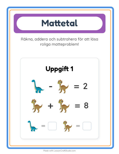 Förhandsvisning av Matteblad-arbetsblad med Dinosaurier för Förskoleklass