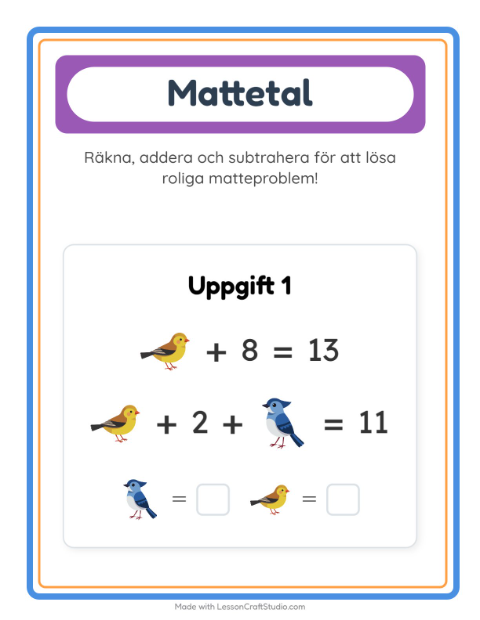 Förhandsvisning av Matteblad-arbetsblad med Fåglar 2 för Förskoleklass