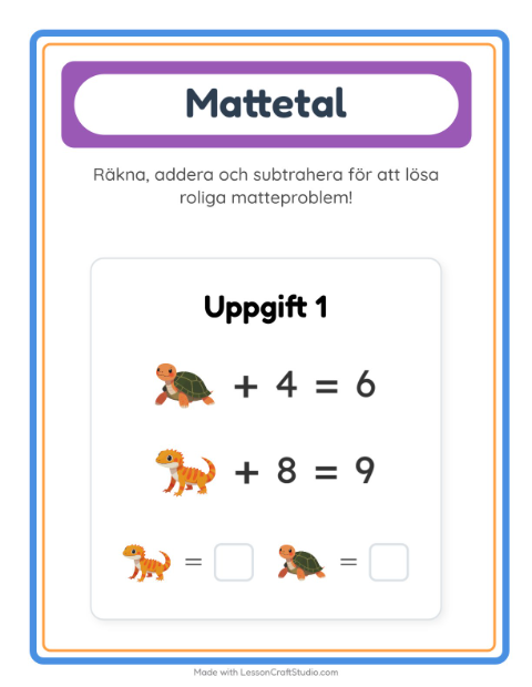 Förhandsvisning av Matteblad-arbetsblad med Reptiler och groddjur för Förskoleklass