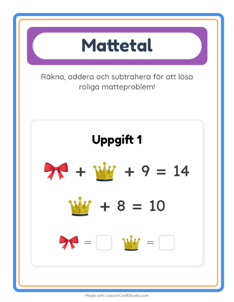 Förhandsvisning av Matteblad-arbetsblad med Tillbehör för Förskoleklass