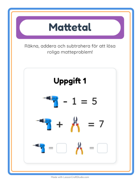 Förhandsvisning av Matteblad-arbetsblad med Verktyg för Förskoleklass