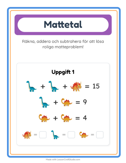 Förhandsvisning av Matteblad-arbetsblad med Dinosaurier för Förskoleklass