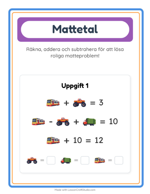 Förhandsvisning av Matteblad-arbetsblad med Fordon för Förskoleklass