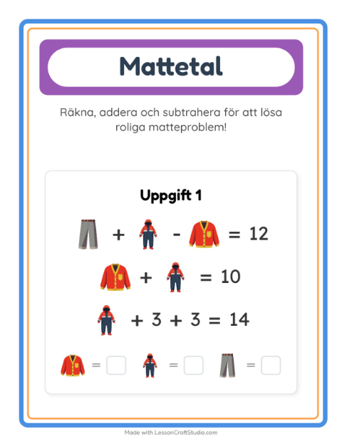 Förhandsvisning av Matteblad-arbetsblad med Kläder för Förskoleklass