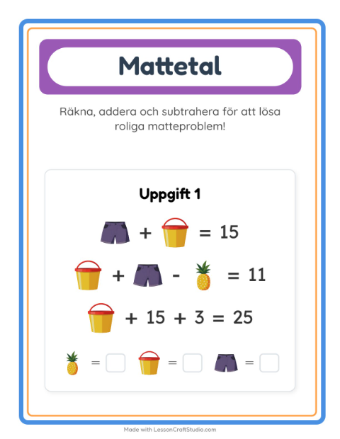 Förhandsvisning av Matteblad-arbetsblad med Sommar för Förskoleklass