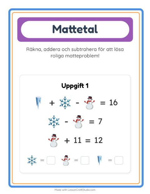 Förhandsvisning av Matteblad-arbetsblad med Vinter för Förskoleklass