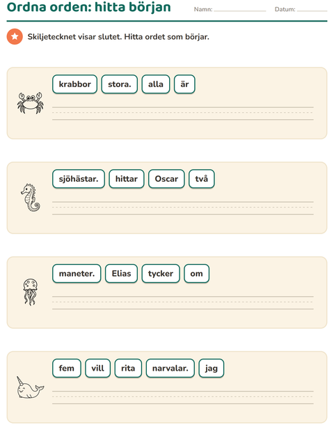 Förhandsvisning av Meningsbyggnad-arbetsblad med Havsliv SV för Årskurs 1