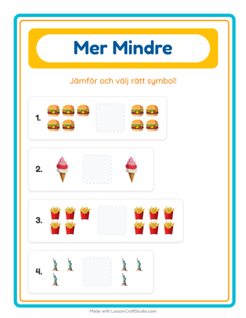 Förhandsvisning av Mer Eller Mindre-arbetsblad med 4 juli för Förskola