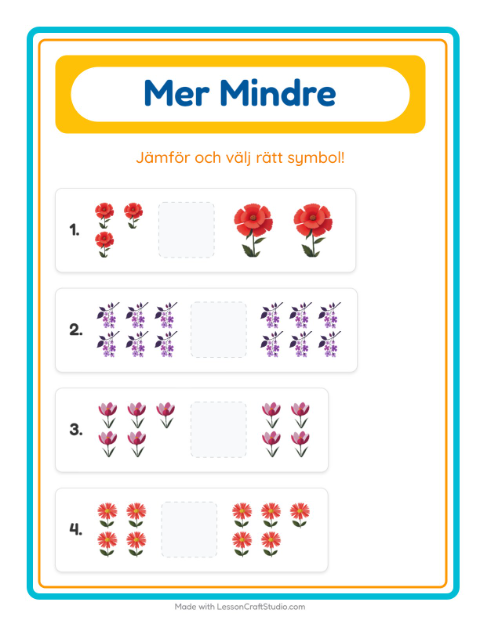 Förhandsvisning av Mer Eller Mindre-arbetsblad med Blommor för Förskola