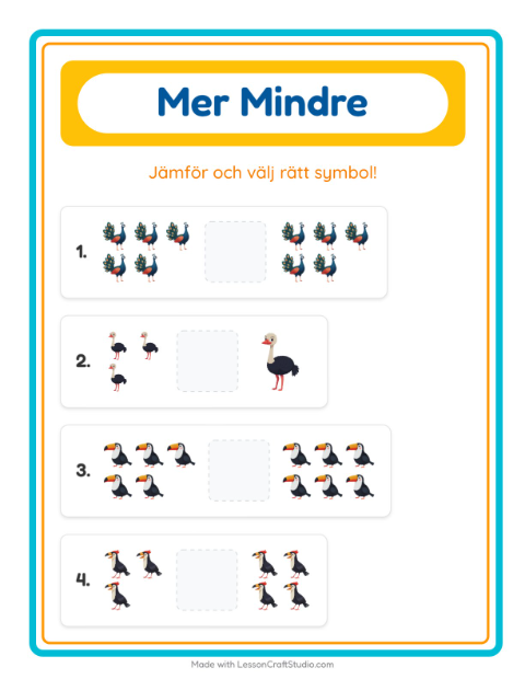 Förhandsvisning av Mer Eller Mindre-arbetsblad med Fåglar för Förskola