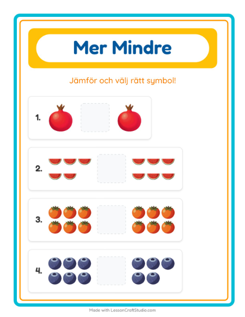 Förhandsvisning av Fler eller färre med frukter – arbetsblad för förskolan