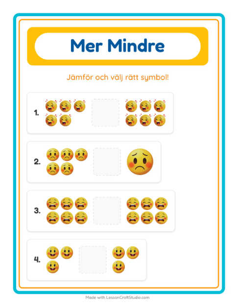 Förhandsvisning av Mer Eller Mindre-arbetsblad med Känslor för Förskola