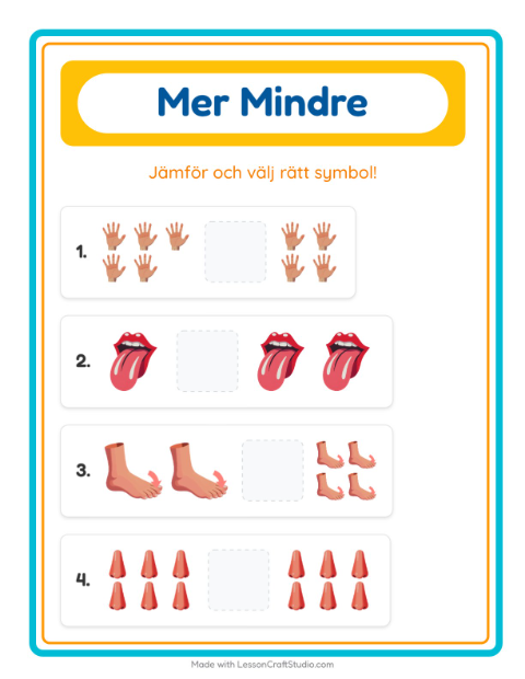 Förhandsvisning av Mer Eller Mindre-arbetsblad med Kroppsdelar för Förskola
