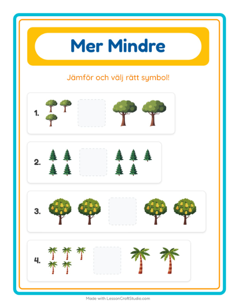 Förhandsvisning av Mer Eller Mindre-arbetsblad med Träd för Förskola