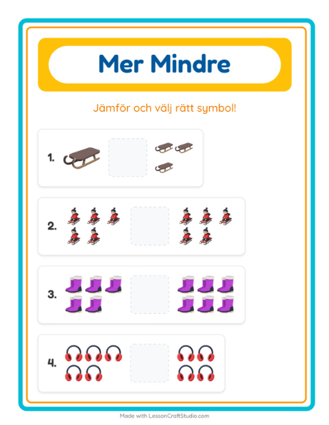 Förhandsvisning av Mer Eller Mindre-arbetsblad med Vinter för Förskola
