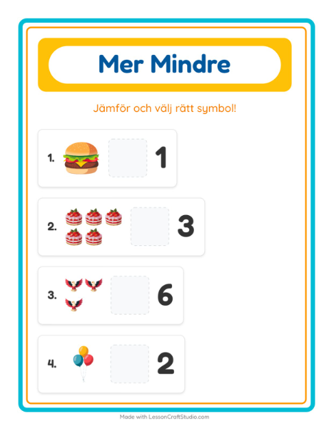 Förhandsvisning av Mer Eller Mindre-arbetsblad med 4 juli för Förskola