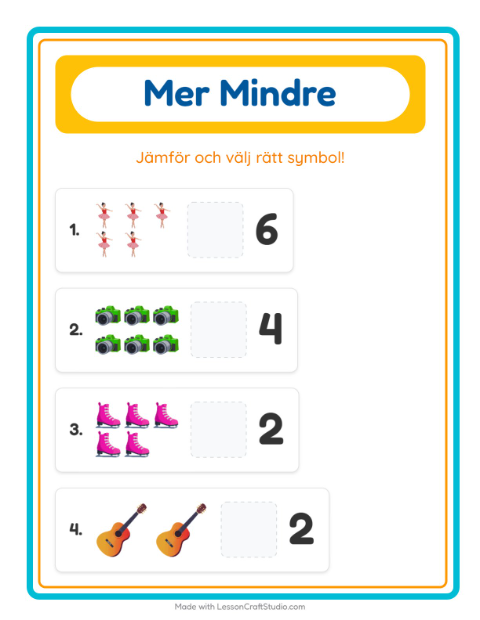 Förhandsvisning av Mer Eller Mindre-arbetsblad med Aktiviteter för Förskola