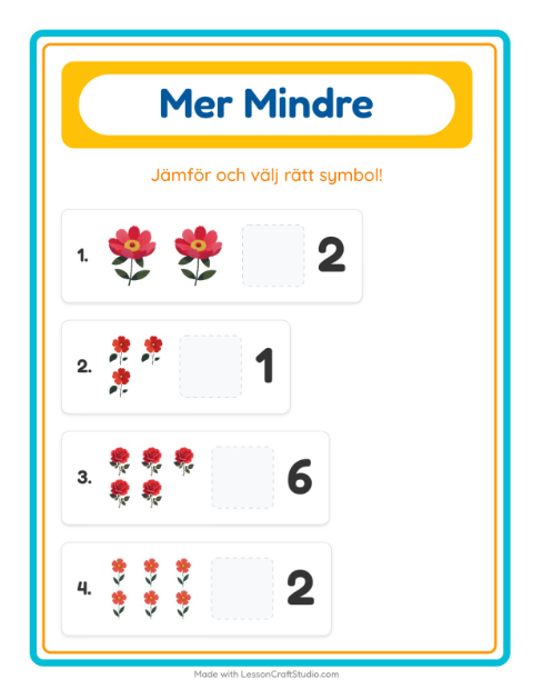 Förhandsvisning av Mer Eller Mindre-arbetsblad med Blommor för Förskola
