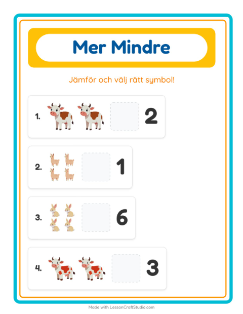 Förhandsvisning av Mer Eller Mindre-arbetsblad med Bondgårdsdjur för Förskola