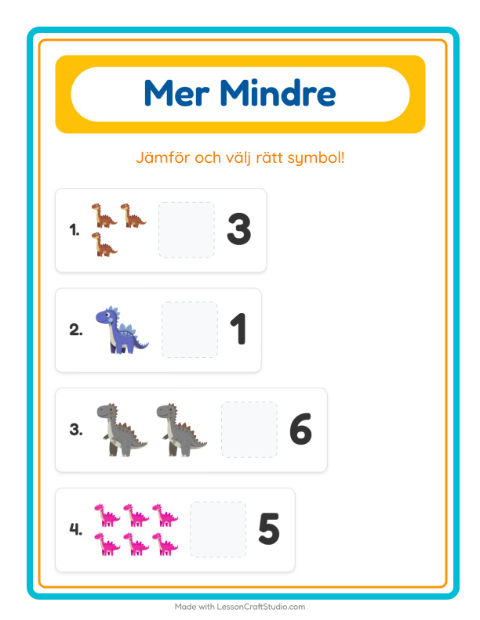 Förhandsvisning av Mer Eller Mindre-arbetsblad med Dinosaurier för Förskola