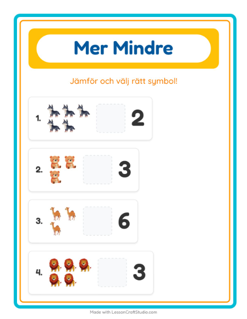 Förhandsvisning av Mer Eller Mindre-arbetsblad med Djurparksdjur för Förskola