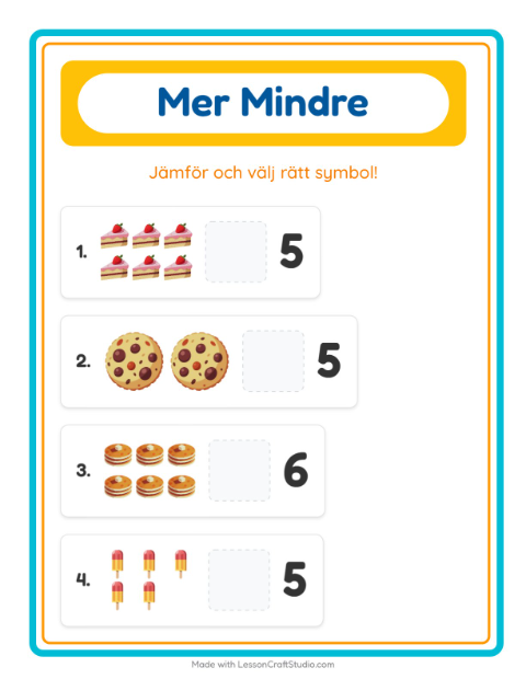 Förhandsvisning av Mer Eller Mindre-arbetsblad med Efterrätter och godis för Förskola