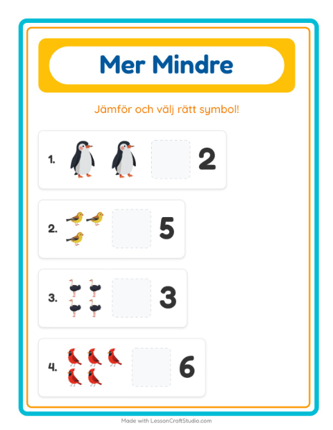 Förhandsvisning av Mer Eller Mindre-arbetsblad med Fåglar 2 för Förskola