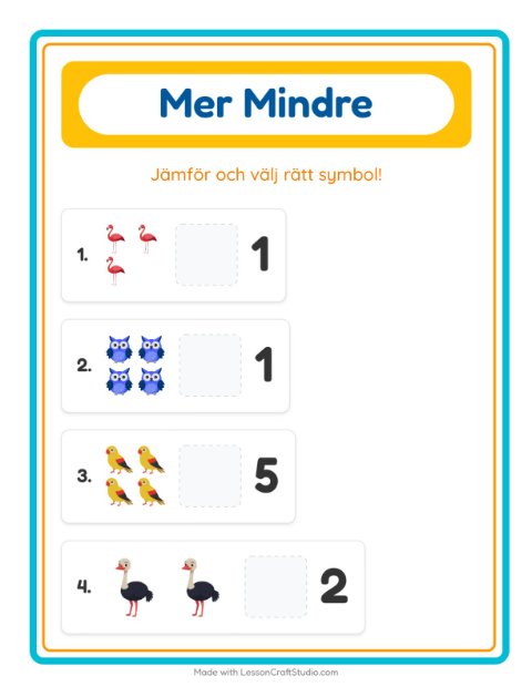 Förhandsvisning av Mer Eller Mindre-arbetsblad med Fåglar för Förskola